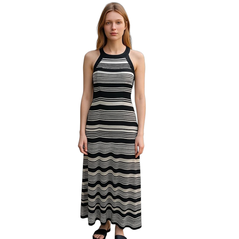 Monteau White Black Maxi Dress Women M Striped Halter Stretch Classic Resort